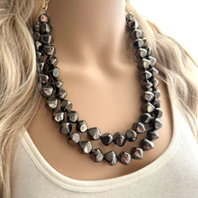 Load image into Gallery viewer, Rising Tides Statement Necklace, Gunmetal Gray mirror, silver geometric 2 strand Chunky edge Beaded bib thick neutral