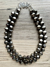 Load image into Gallery viewer, Rising Tides Statement Necklace, Gunmetal Gray mirror, silver geometric 2 strand Chunky edge Beaded bib thick neutral
