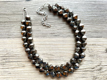 Load image into Gallery viewer, Rising Tides Statement Necklace, Gunmetal Gray mirror, silver geometric 2 strand Chunky edge Beaded bib thick neutral