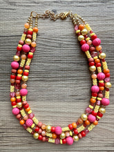 Load image into Gallery viewer, Fiesta Summer Chunky Statement Necklace, pink yellow orange beaded jewelry, Multi Strand Bib Resin Beaded necklace glitter peach red
