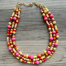 Load image into Gallery viewer, Fiesta Summer Chunky Statement Necklace, pink yellow orange beaded jewelry, Multi Strand Bib Resin Beaded necklace glitter peach red
