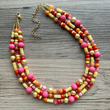 Load image into Gallery viewer, Fiesta Summer Chunky Statement Necklace, pink yellow orange beaded jewelry, Multi Strand Bib Resin Beaded necklace glitter peach red