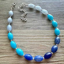 Load image into Gallery viewer, Blue Ombré statement necklace, 1 strand chunky light blue necklace earrings, royal bib necklace, aqua turquoise jewelry, beaded blue