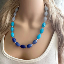 Load image into Gallery viewer, Blue Ombré statement necklace, 1 strand chunky light blue necklace earrings, royal bib necklace, aqua turquoise jewelry, beaded blue