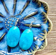 Load image into Gallery viewer, Long Shore Statement Necklace, Chunky Beaded Necklace, aqua light blue Jewelry, long necklace, bead white earrings geometric periwinkle