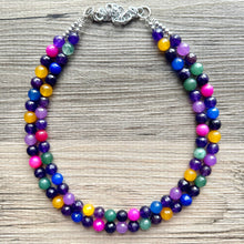 Load image into Gallery viewer, Polished Agate Genuine GemStone Necklace rainbow, silver statement necklace jewelry, long beaded statement layering beaded stone colorful