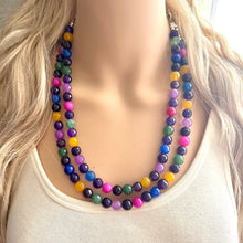 Load image into Gallery viewer, Polished Agate Genuine GemStone Necklace rainbow, silver statement necklace jewelry, long beaded statement layering beaded stone colorful