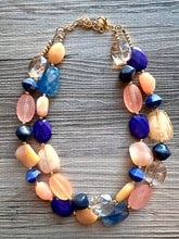 Load image into Gallery viewer, Summer Peach & Blueberry Necklace, multi strand colorful jewelry, big beaded chunky statement necklace, navy blue necklace, coral jewelry