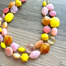 Load image into Gallery viewer, Summer Strawberry Lemonade Necklace, multi strand colorful jewelry, big beaded chunky statement necklace, blush pink coral yellow jewelry