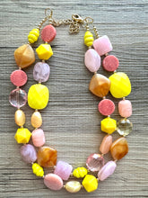 Load image into Gallery viewer, Summer Strawberry Lemonade Necklace, multi strand colorful jewelry, big beaded chunky statement necklace, blush pink coral yellow jewelry