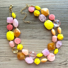 Load image into Gallery viewer, Summer Strawberry Lemonade Necklace, multi strand colorful jewelry, big beaded chunky statement necklace, blush pink coral yellow jewelry