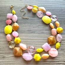 Load image into Gallery viewer, Summer Strawberry Lemonade Necklace, multi strand colorful jewelry, big beaded chunky statement necklace, blush pink coral yellow jewelry
