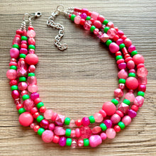 Load image into Gallery viewer, Anna Marie’s Chunky Statement Necklace, Big beaded jewelry, Triple Strand bib chunky Necklace, pink green coral jewelry, beaded jewelry