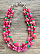 Load image into Gallery viewer, Anna Marie’s Chunky Statement Necklace, Big beaded jewelry, Triple Strand bib chunky Necklace, pink green coral jewelry, beaded jewelry