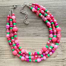 Load image into Gallery viewer, Anna Marie’s Chunky Statement Necklace, Big beaded jewelry, Triple Strand bib chunky Necklace, pink green coral jewelry, beaded jewelry