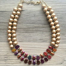 Load image into Gallery viewer, Golden Bonfire Necklace, 2 Strand Statement Jewelry, Chunky bib bridesmaid everyday jewelry gold pink orange red metallic OOAK metallic
