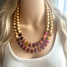 Load image into Gallery viewer, Golden Bonfire Necklace, 2 Strand Statement Jewelry, Chunky bib bridesmaid everyday jewelry gold pink orange red metallic OOAK metallic