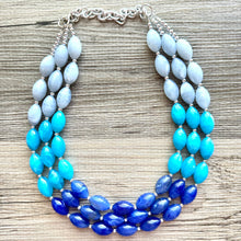 Load image into Gallery viewer, Blue Ombré statement necklace, 3 strand chunky light blue necklace earrings, royal bib aqua turquoise jewelry, beaded blue necklace jewelry