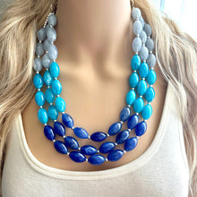 Load image into Gallery viewer, Blue Ombré statement necklace, 3 strand chunky light blue necklace earrings, royal bib aqua turquoise jewelry, beaded blue necklace jewelry