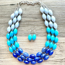 Load image into Gallery viewer, Blue Ombré statement necklace, 3 strand chunky light blue necklace earrings, royal bib aqua turquoise jewelry, beaded blue necklace jewelry