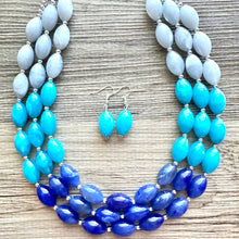 Load image into Gallery viewer, Blue Ombré statement necklace, 3 strand chunky light blue necklace earrings, royal bib aqua turquoise jewelry, beaded blue necklace jewelry