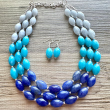 Load image into Gallery viewer, Blue Ombré statement necklace, 3 strand chunky light blue necklace earrings, royal bib aqua turquoise jewelry, beaded blue necklace jewelry