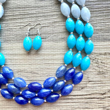 Load image into Gallery viewer, Blue Ombré statement necklace, 3 strand chunky light blue necklace earrings, royal bib aqua turquoise jewelry, beaded blue necklace jewelry