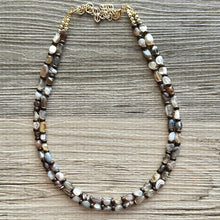 Load image into Gallery viewer, Polished Agate GemStone Necklace mauve brown, wood statement necklace jewelry, 2 strand beaded statement layering necklace