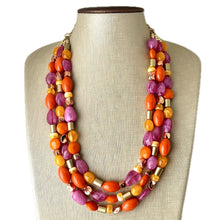 Load image into Gallery viewer, Solar Flare Statement Necklace, chunky bib beaded jewelry, Summer purple orange RoseGold necklace, beaded acrylic jewelry gold pink