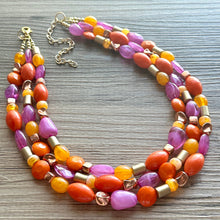 Load image into Gallery viewer, Solar Flare Statement Necklace, chunky bib beaded jewelry, Summer purple orange RoseGold necklace, beaded acrylic jewelry gold pink