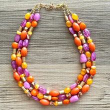 Load image into Gallery viewer, Solar Flare Statement Necklace, chunky bib beaded jewelry, Summer purple orange RoseGold necklace, beaded acrylic jewelry gold pink