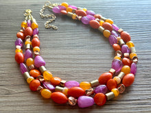 Load image into Gallery viewer, Solar Flare Statement Necklace, chunky bib beaded jewelry, Summer purple orange RoseGold necklace, beaded acrylic jewelry gold pink