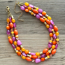 Load image into Gallery viewer, Solar Flare Statement Necklace, chunky bib beaded jewelry, Summer purple orange RoseGold necklace, beaded acrylic jewelry gold pink