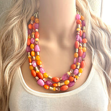 Load image into Gallery viewer, Solar Flare Statement Necklace, chunky bib beaded jewelry, Summer purple orange RoseGold necklace, beaded acrylic jewelry gold pink