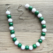 Load image into Gallery viewer, Green & White Statement Necklace, football jewelry, dark green bib chunky necklace, sports team gray ombré white beaded necklace silver