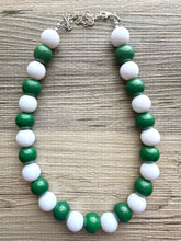Load image into Gallery viewer, Green & White Statement Necklace, football jewelry, dark green bib chunky necklace, sports team gray ombré white beaded necklace silver