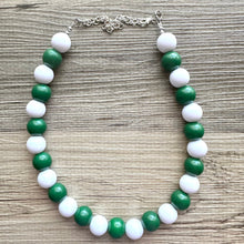 Load image into Gallery viewer, Green & White Statement Necklace, football jewelry, dark green bib chunky necklace, sports team gray ombré white beaded necklace silver