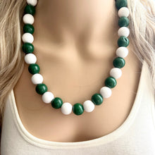 Load image into Gallery viewer, Green & White Statement Necklace, football jewelry, dark green bib chunky necklace, sports team gray ombré white beaded necklace silver