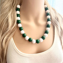Load image into Gallery viewer, Green & White Statement Necklace, football jewelry, dark green bib chunky necklace, sports team gray ombré white beaded necklace silver