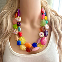 Load image into Gallery viewer, Donut Dreamscape Necklace, Rainbow 2 strand Chunky Statement, Orange blue green pink yellow jewelry bridesmaid bib wedding chunky bib beaded