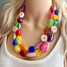 Load image into Gallery viewer, Donut Dreamscape Necklace, Rainbow 2 strand Chunky Statement, Orange blue green pink yellow jewelry bridesmaid bib wedding chunky bib beaded