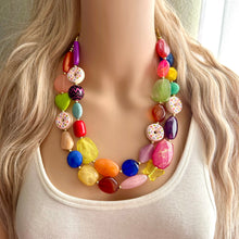 Load image into Gallery viewer, Donut Dreamscape Necklace, Rainbow 2 strand Chunky Statement, Orange blue green pink yellow jewelry bridesmaid bib wedding chunky bib beaded