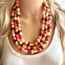 Load image into Gallery viewer, Coral Morning Glory Statement Necklace, multi Strand Beaded Jewelry, wood jewelry, brown necklace, big beaded