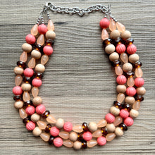 Load image into Gallery viewer, Coral Morning Glory Statement Necklace, multi Strand Beaded Jewelry, wood jewelry, brown necklace, big beaded