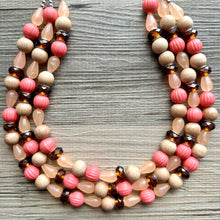 Load image into Gallery viewer, Coral Morning Glory Statement Necklace, multi Strand Beaded Jewelry, wood jewelry, brown necklace, big beaded
