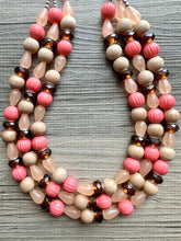 Load image into Gallery viewer, Coral Morning Glory Statement Necklace, multi Strand Beaded Jewelry, wood jewelry, brown necklace, big beaded