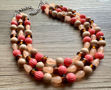 Load image into Gallery viewer, Coral Morning Glory Statement Necklace, multi Strand Beaded Jewelry, wood jewelry, brown necklace, big beaded