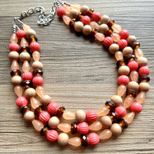 Load image into Gallery viewer, Coral Morning Glory Statement Necklace, multi Strand Beaded Jewelry, wood jewelry, brown necklace, big beaded