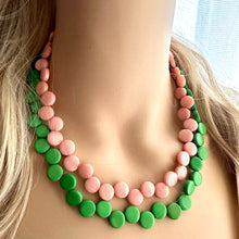 Load image into Gallery viewer, Blush Pink & Green Double Statement Necklace, Chunky Jewelry Big Beaded Necklace, light pink Necklace, baby pink Jewelry bubble Earrings