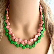 Load image into Gallery viewer, Blush Pink & Green Double Statement Necklace, Chunky Jewelry Big Beaded Necklace, light pink Necklace, baby pink Jewelry bubble Earrings